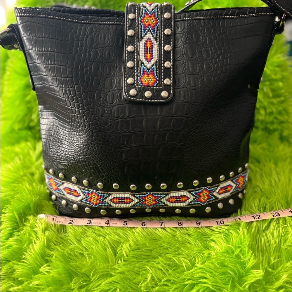 Black Embossed Leather Bag with Beaded Accents